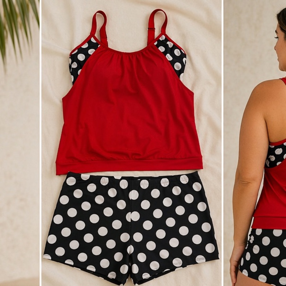 Red Polka Dot Tankini Set XXL | Modest Swim Shorts Retro Style - Picture 2 of 4